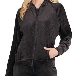 DKNY Logo Zip Black Velour Bomber Jacket, Small
